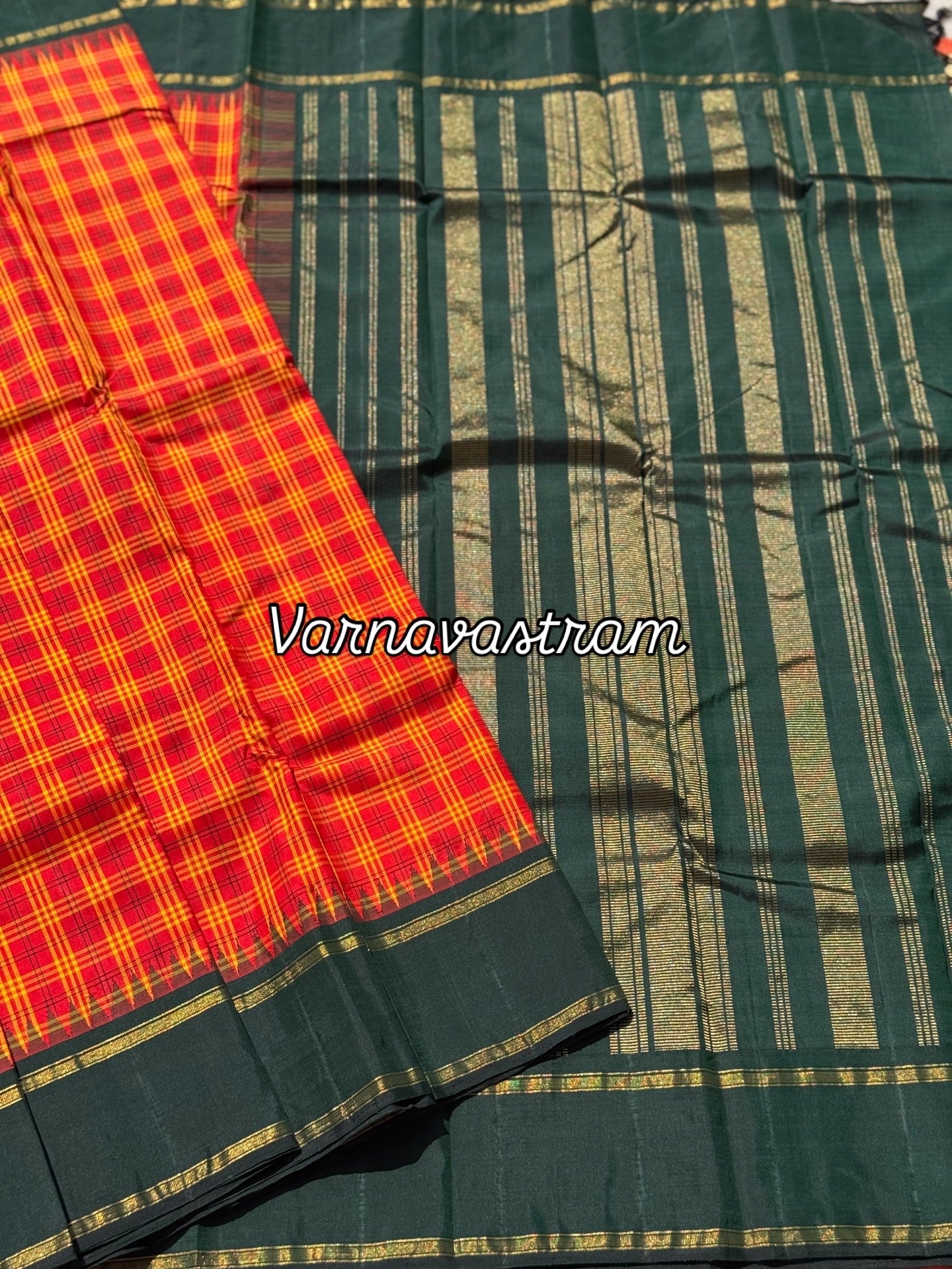 A pleasant tomato red with yellow kattam korvai kanchivaram silk saree