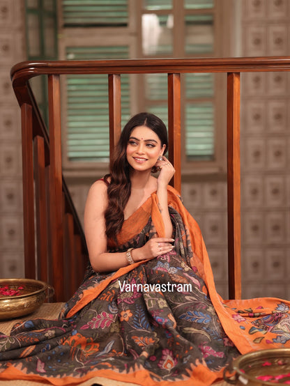 For Pranusha, A piece of an art Handdrawn handpainted penkalamkari with floral creepers and Radhe Krishna pallu