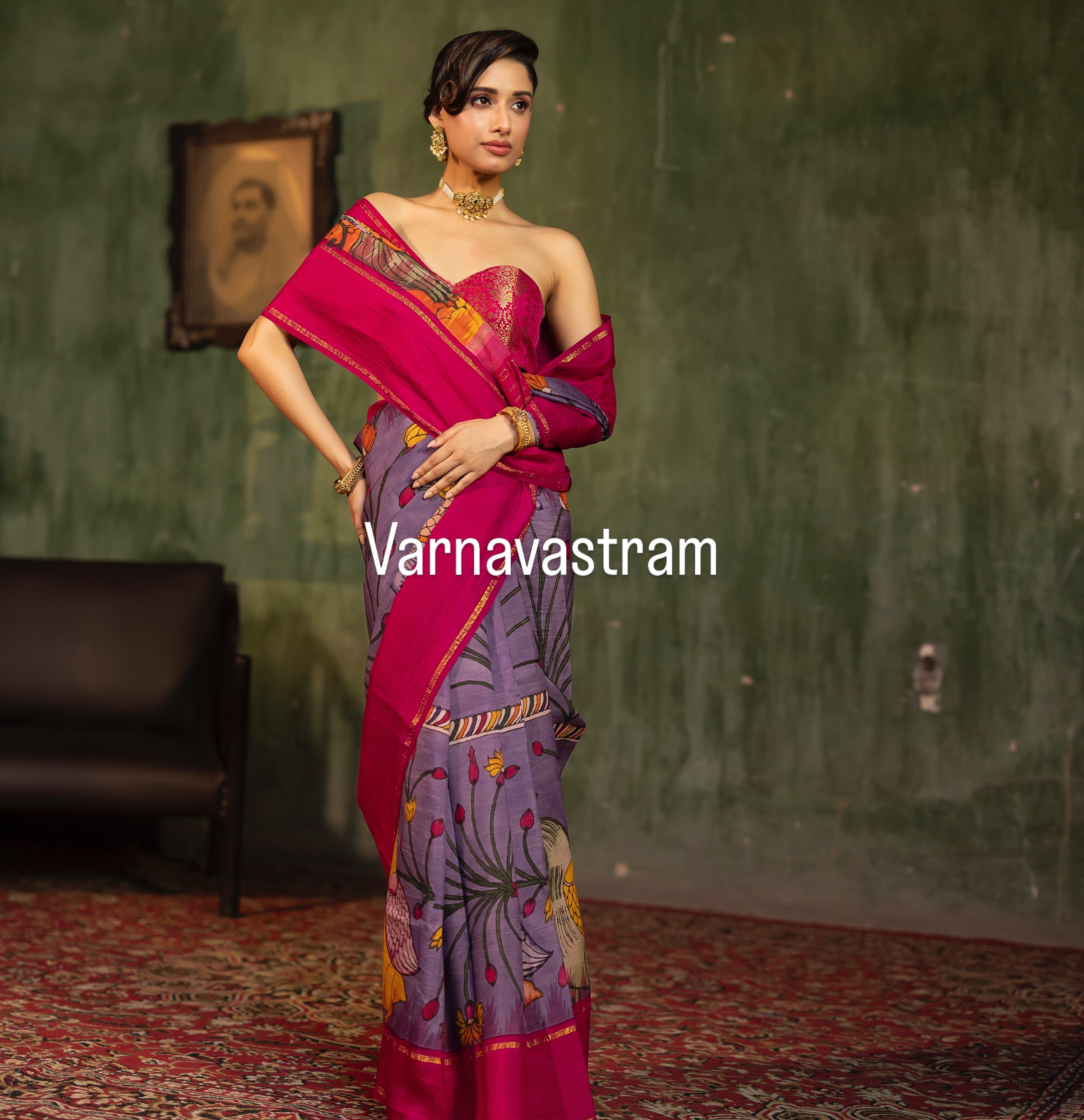 VRATHAPANI - Complete Hand Drawn And Hand Painted Penkalamkari In korvai Kanchivaram Silk Saree
