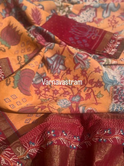 For Pranusha - A handmade Katha work on tree of life penkalamkari on handwoven ikkat silk