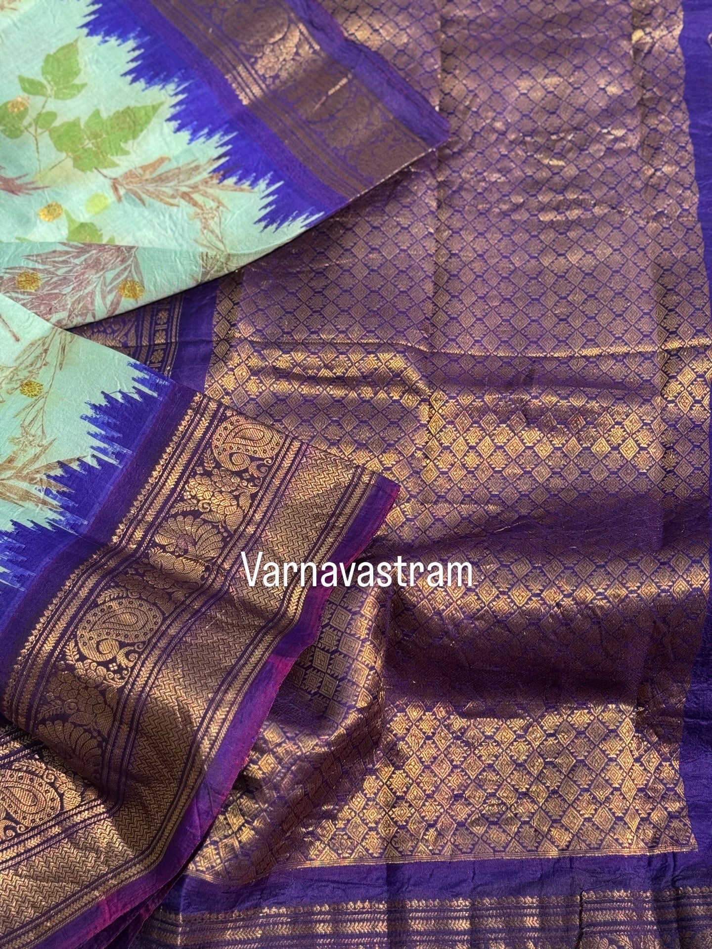 An ice blue with royalblue Natural Handmade Ecoprints Gadwal silk saree