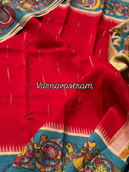 A gorgeous red korvai kanchivaram silk saree with korvai border Handdrawn and handpainted penkalamkari