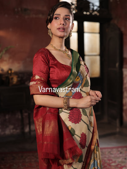 Masterpiece Ganga jamuna korvai kanchivaram silk saree Handdrawn handpainted penkalamkari
