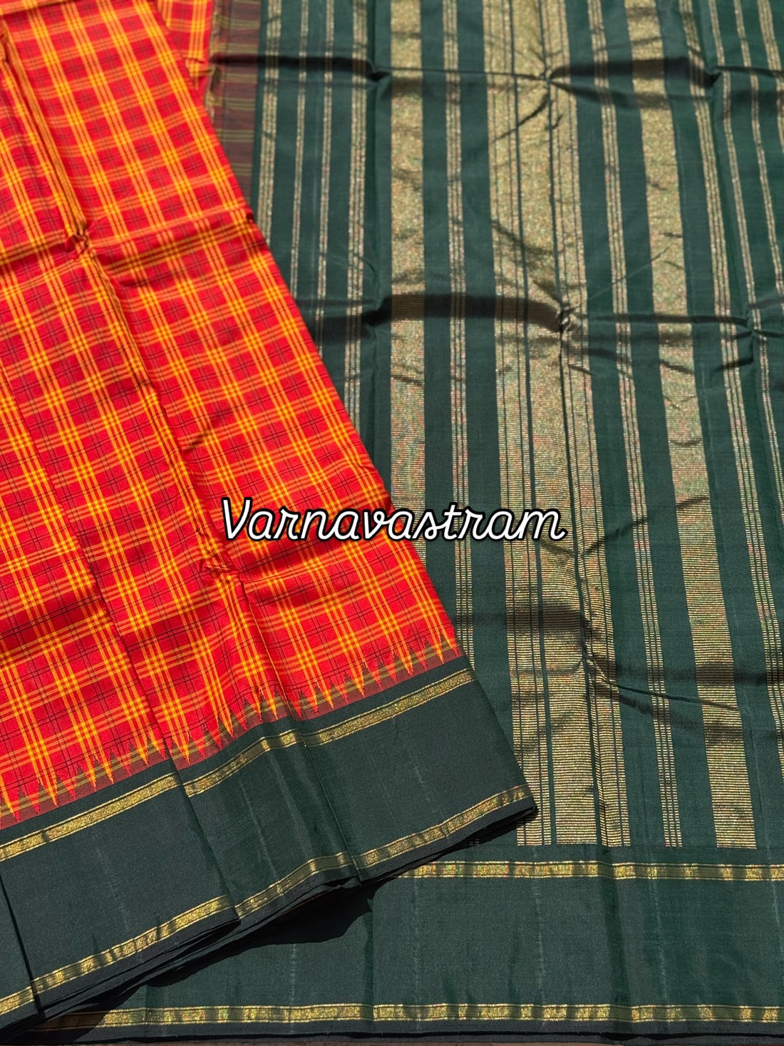 A pleasant tomato red with yellow kattam korvai kanchivaram silk saree