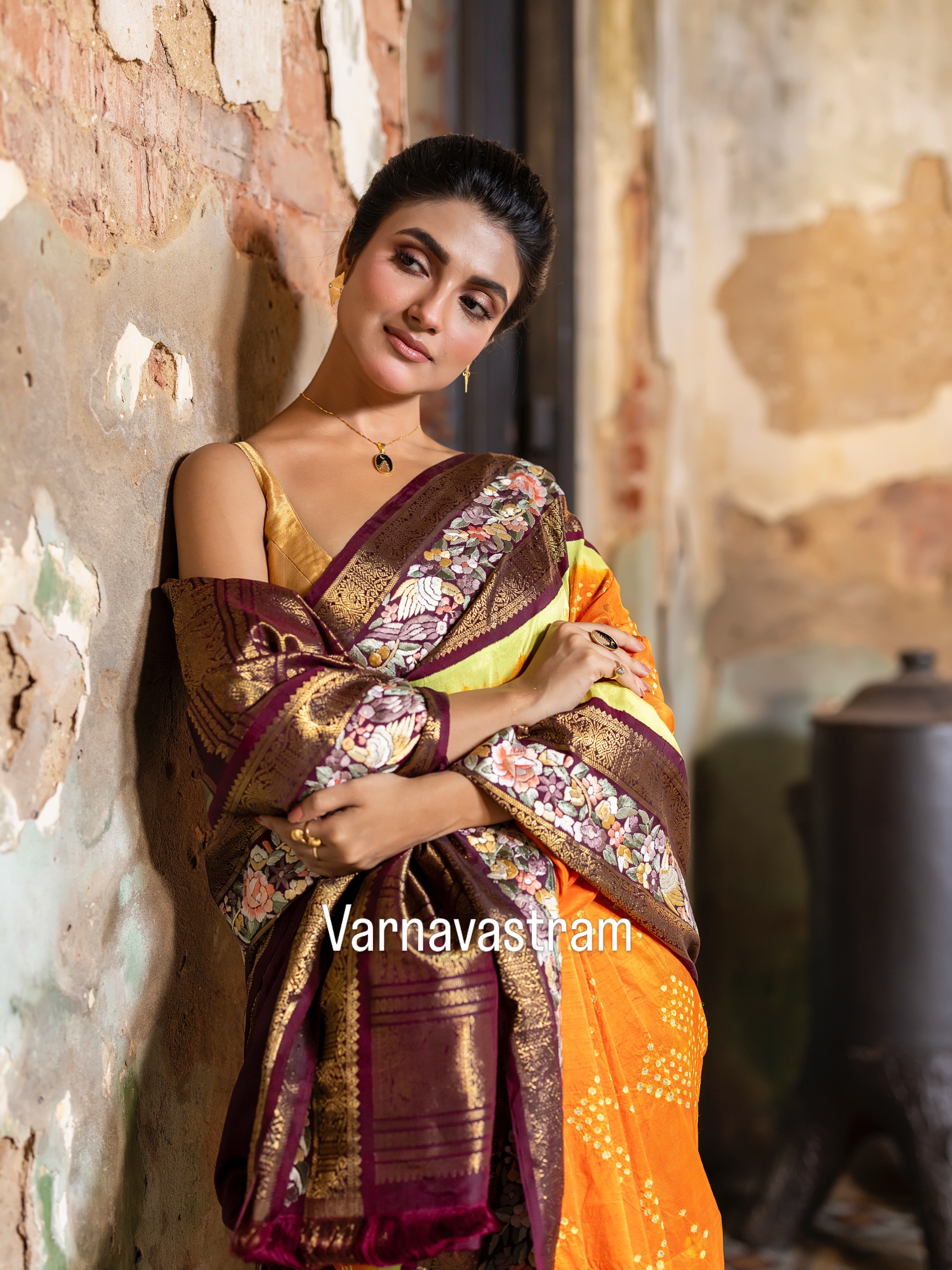 Parsi Gara with Rai Bhandej stunning zari Korvai Kanchivaram in yellow orange with betel brown