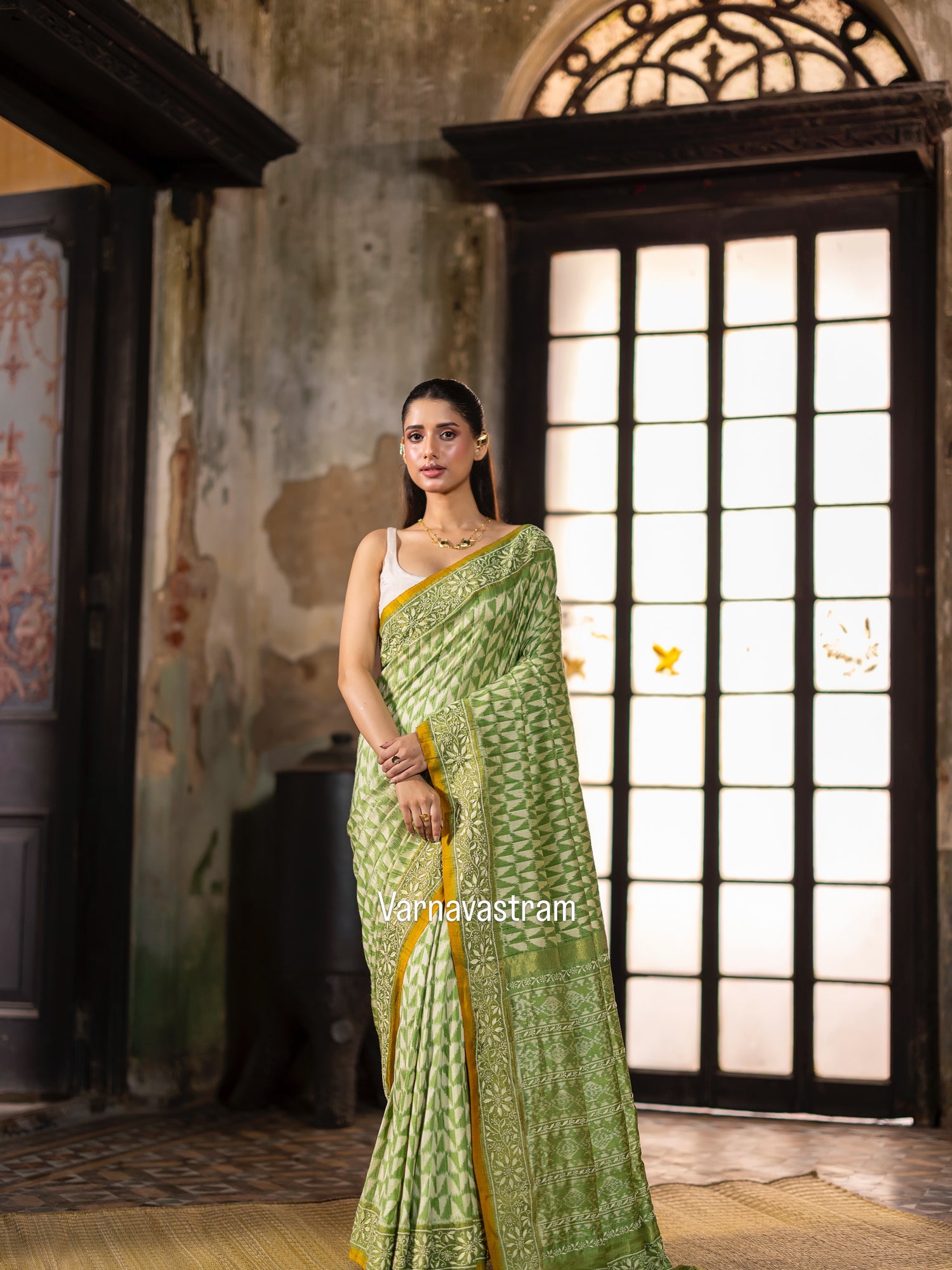 A Mulberry silk ikkat saree adorned with hand embroidery Chikankari work&amp;nbsp;