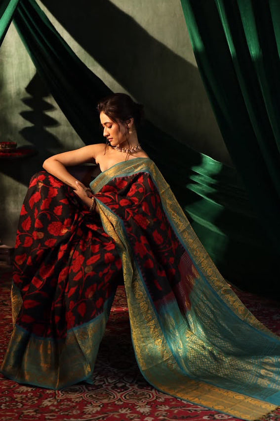 Hand-Drawn and Hand-Painted Penkalamkari on Kuttu kanchi turning border Gadwal silk