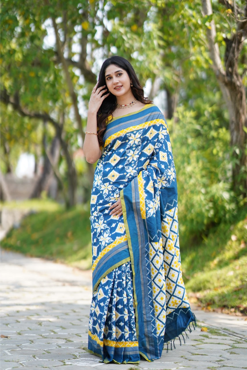 Brand Exclusive Indigo and Yellow Double Telia Rumal Ikkat Silk Saree inspired from Museum Archives