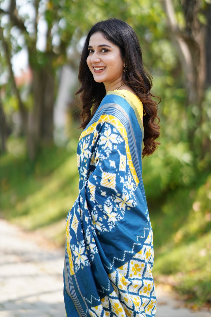 Brand Exclusive Indigo and Yellow Double Telia Rumal Ikkat Silk Saree inspired from Museum Archives