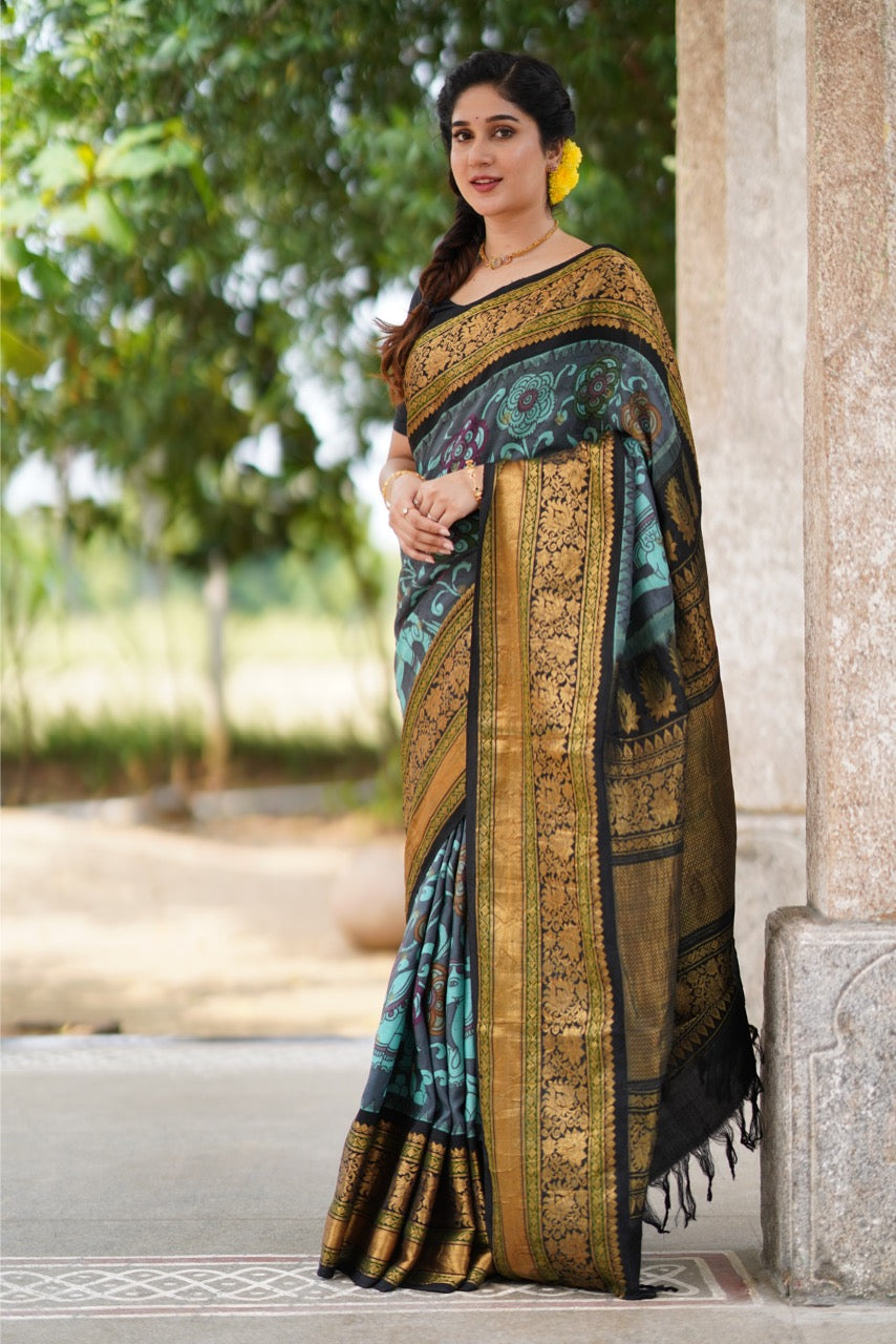 Blue Handdrawn and handpainted penkalamkari on Gadwal silk