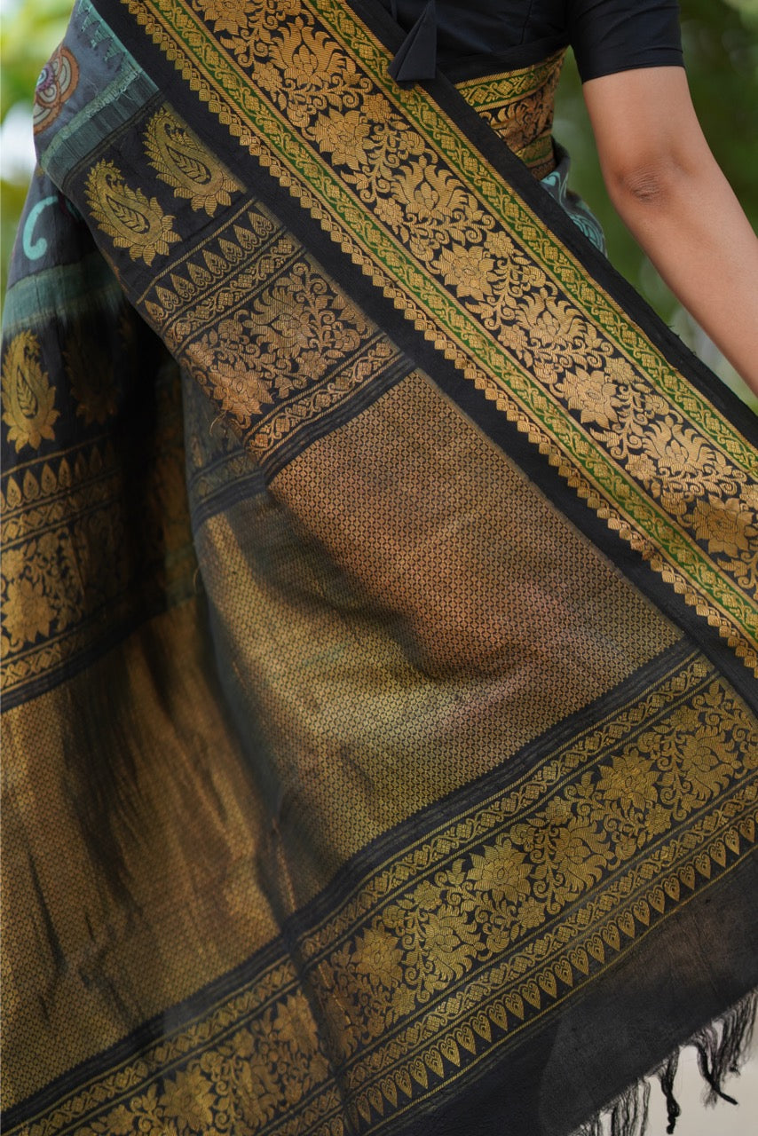 Blue Handdrawn and handpainted penkalamkari on Gadwal silk