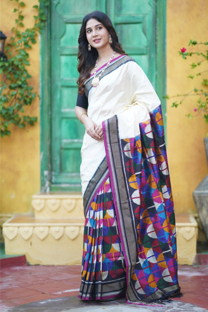 A Designer Exclusive multicolour blocks sil ikkat saree