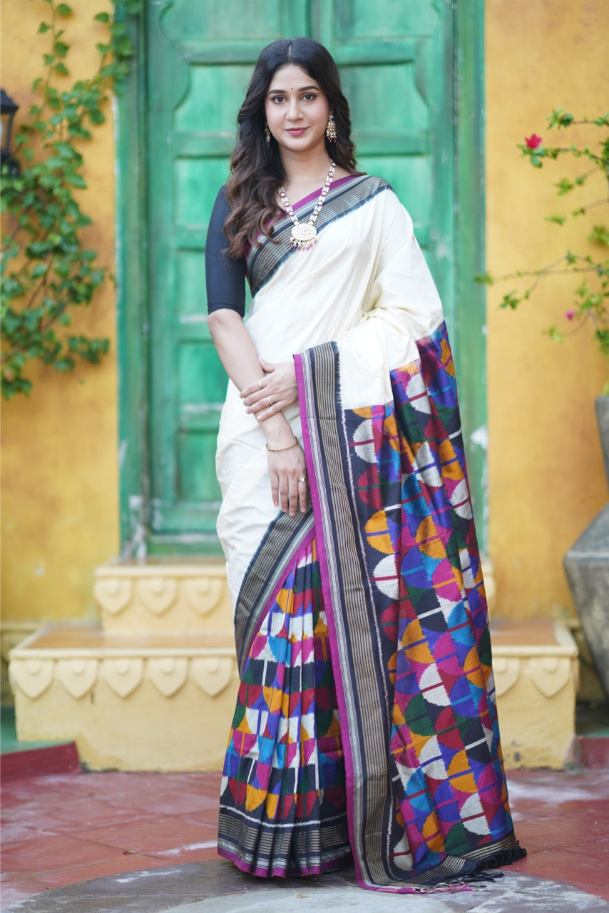 A Designer Exclusive multicolour blocks sil ikkat saree