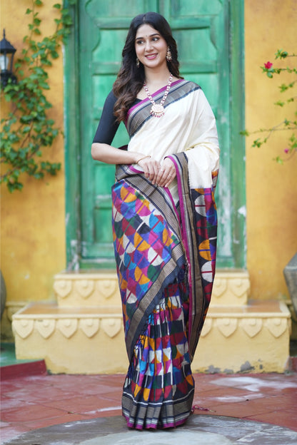 A Designer Exclusive multicolour blocks sil ikkat saree