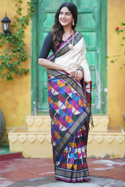 A Designer Exclusive multicolour blocks sil ikkat saree