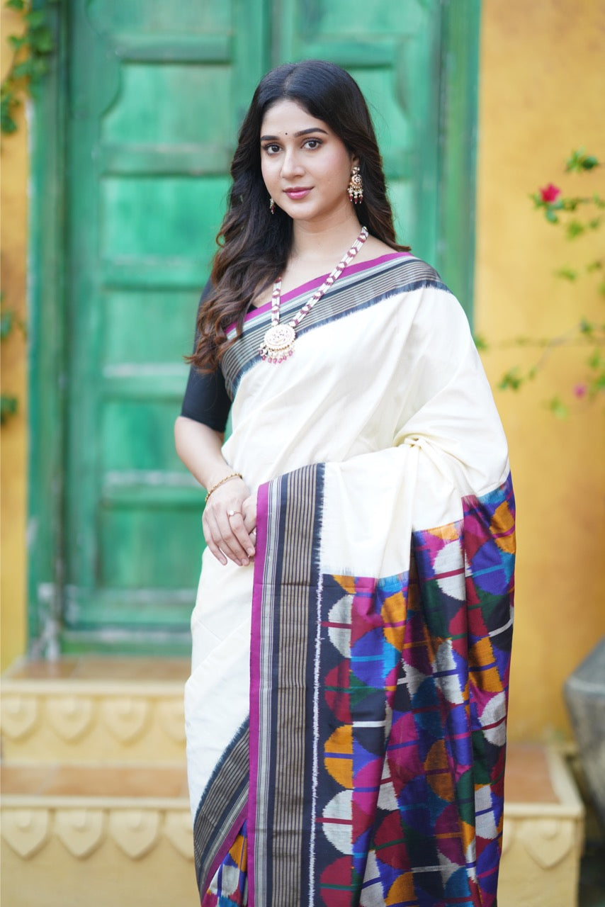 A Designer Exclusive multicolour blocks sil ikkat saree