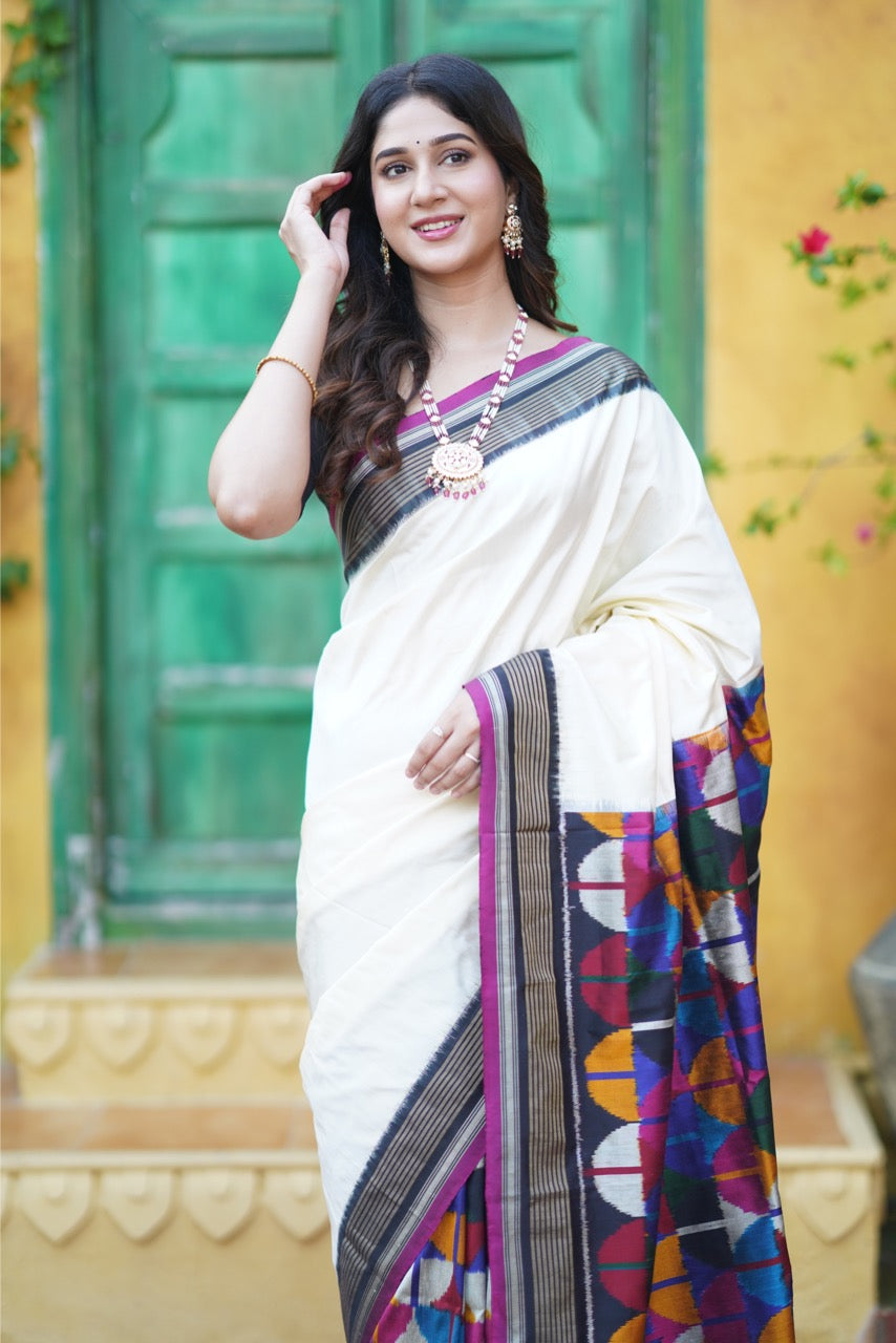 A Designer Exclusive multicolour blocks sil ikkat saree