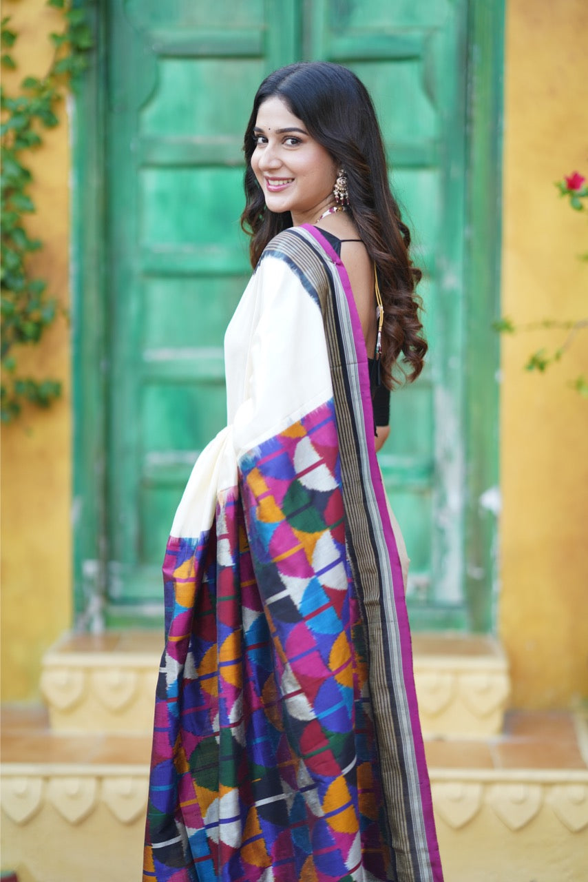 A Designer Exclusive multicolour blocks sil ikkat saree