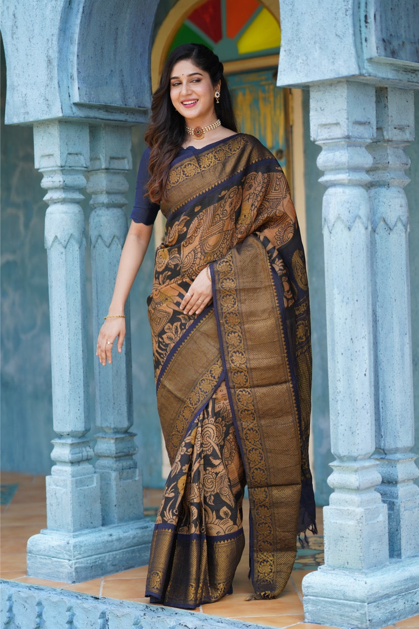 Handdrawn and handpainted penkalamkari gadwal silk saree