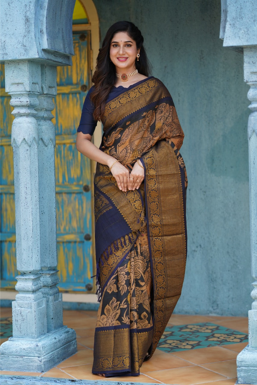 Handdrawn and handpainted penkalamkari gadwal silk saree