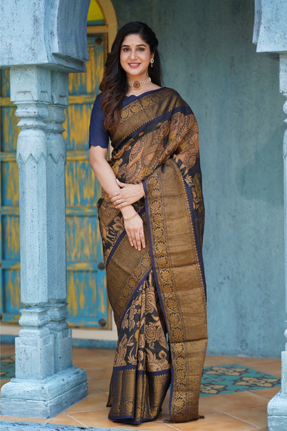 Handdrawn and handpainted penkalamkari gadwal silk saree