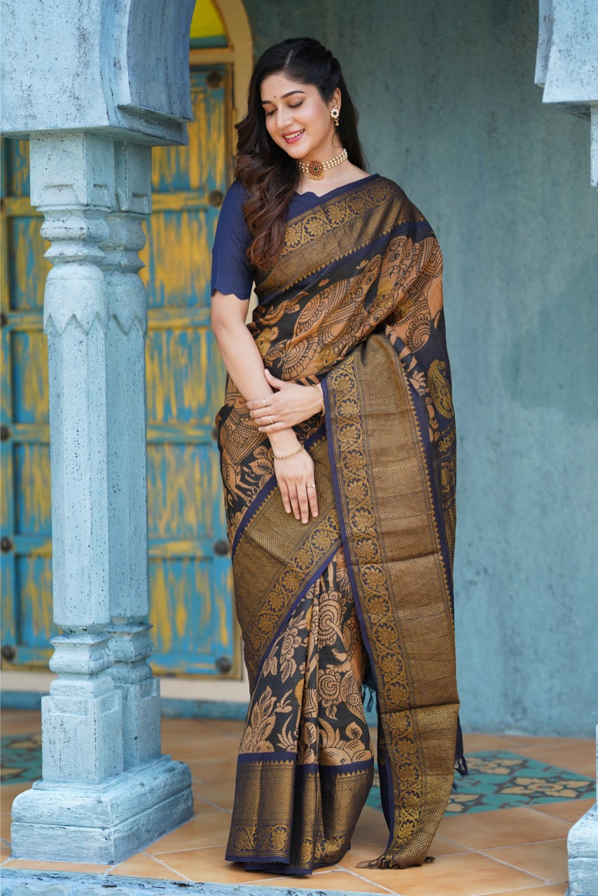 Handdrawn and handpainted penkalamkari gadwal silk saree