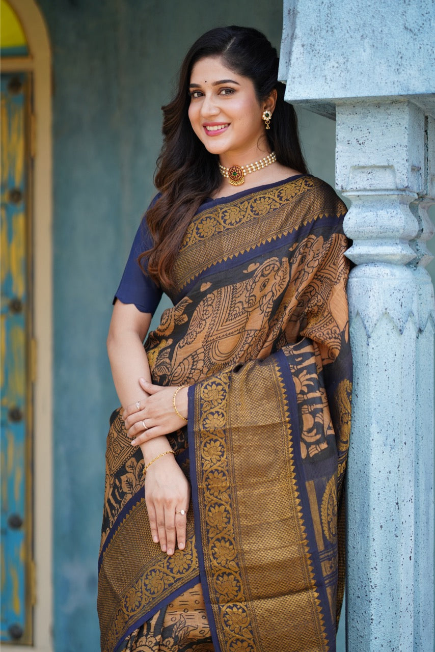 Handdrawn and handpainted penkalamkari gadwal silk saree