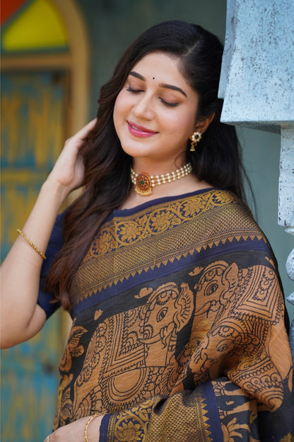 Handdrawn and handpainted penkalamkari gadwal silk saree