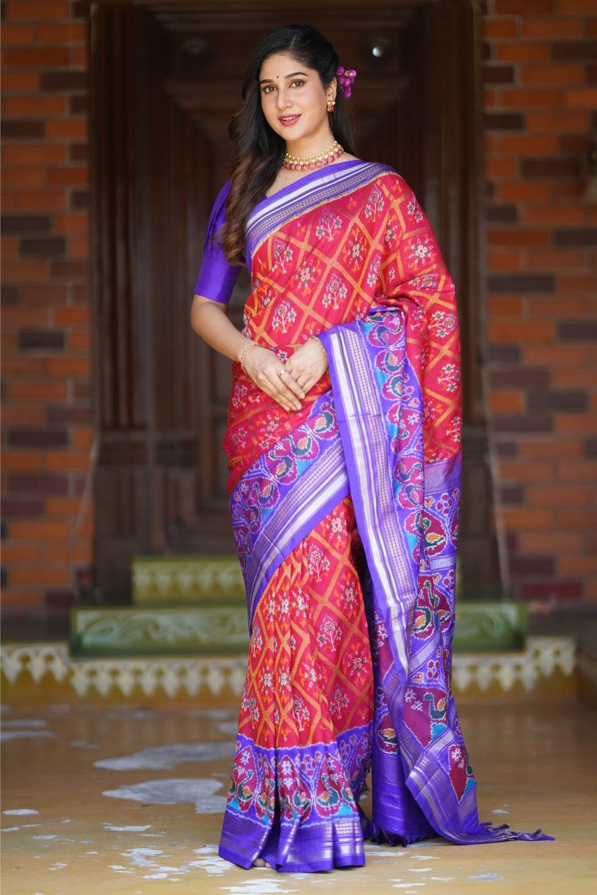 A Brand Exclusive Manual Tapestry Weave Silk Ikkat Saree