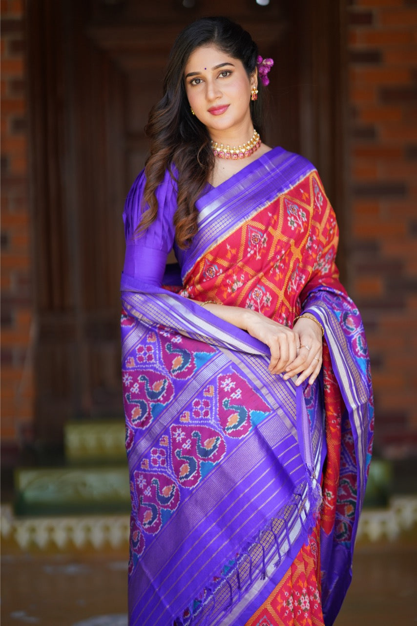 A Brand Exclusive Manual Tapestry Weave Silk Ikkat Saree