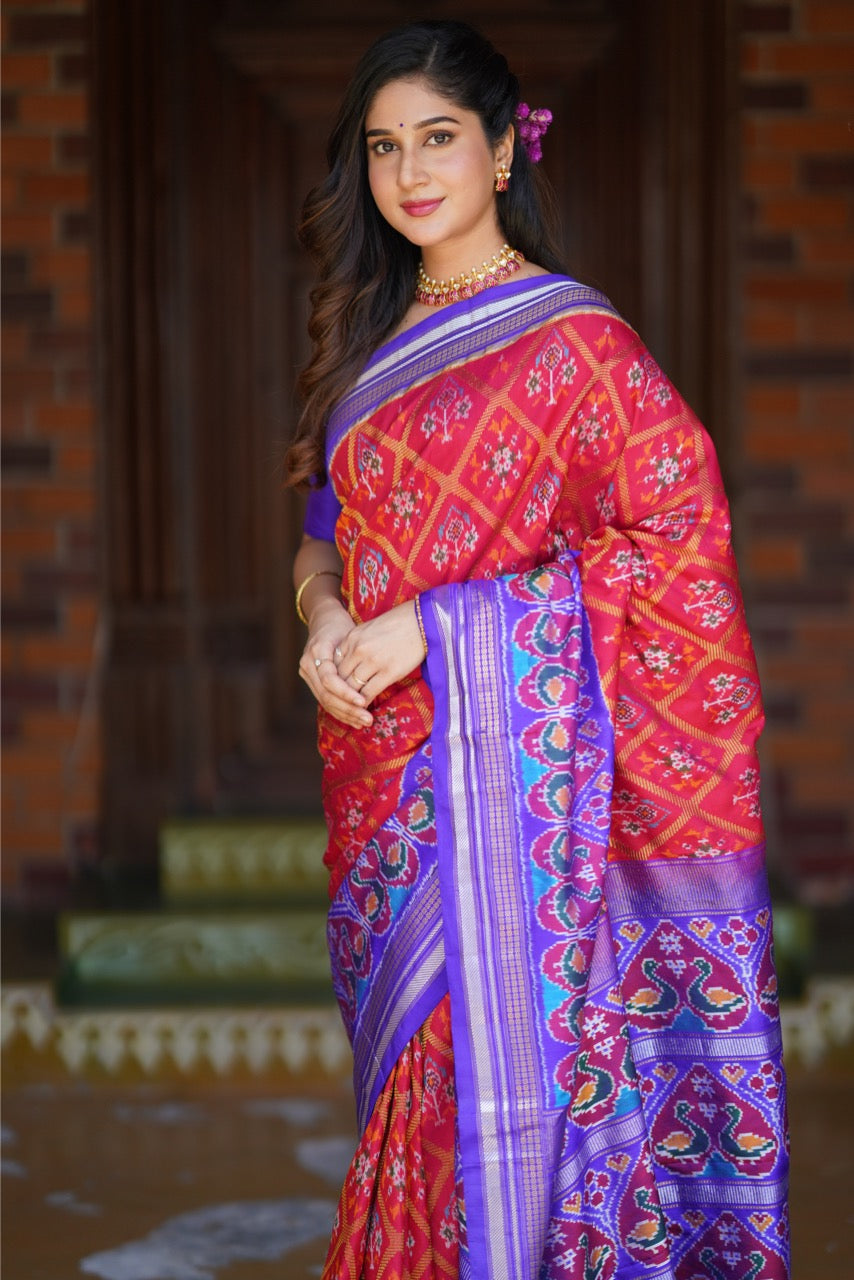 A Brand Exclusive Manual Tapestry Weave Silk Ikkat Saree
