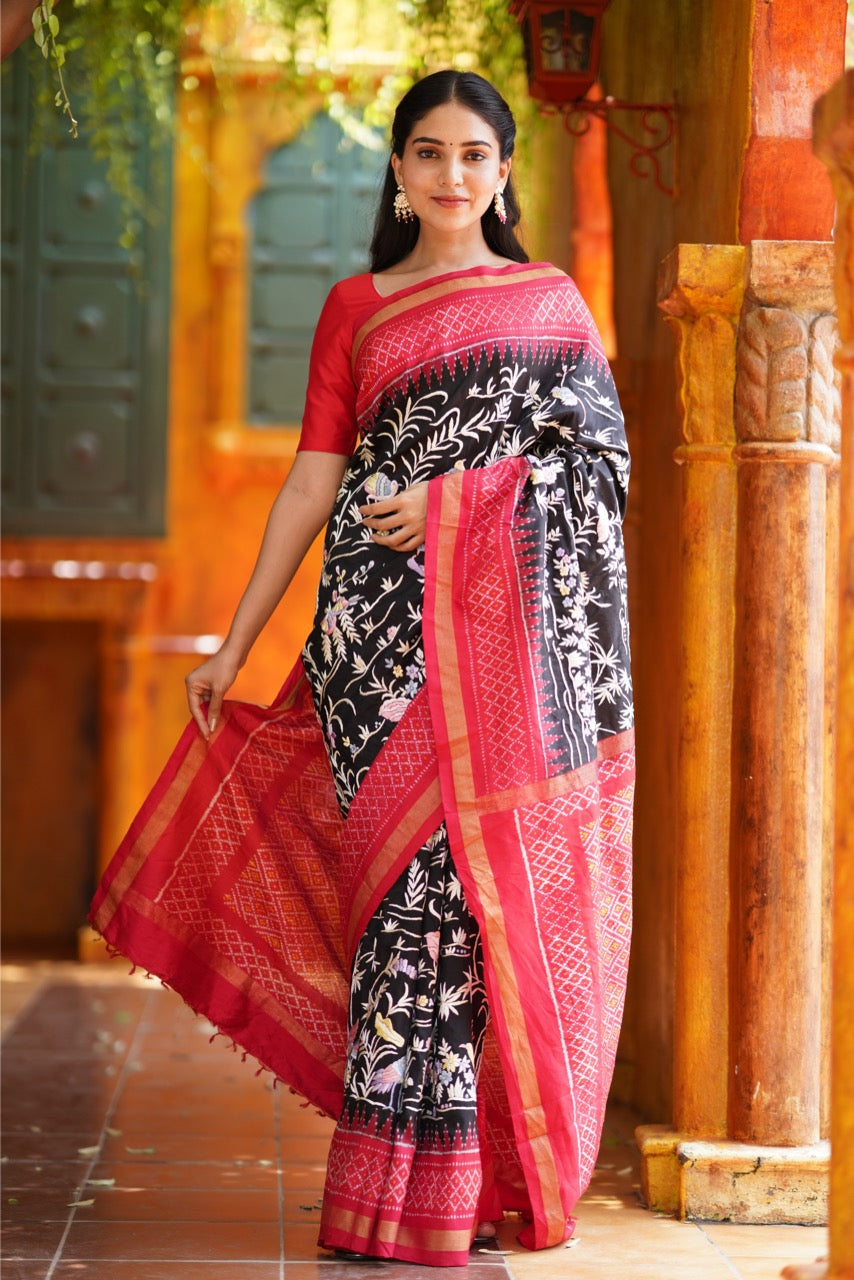 Tharagai -An Exclusive Parsi Gara hand Embroidered silk Ikkat saree