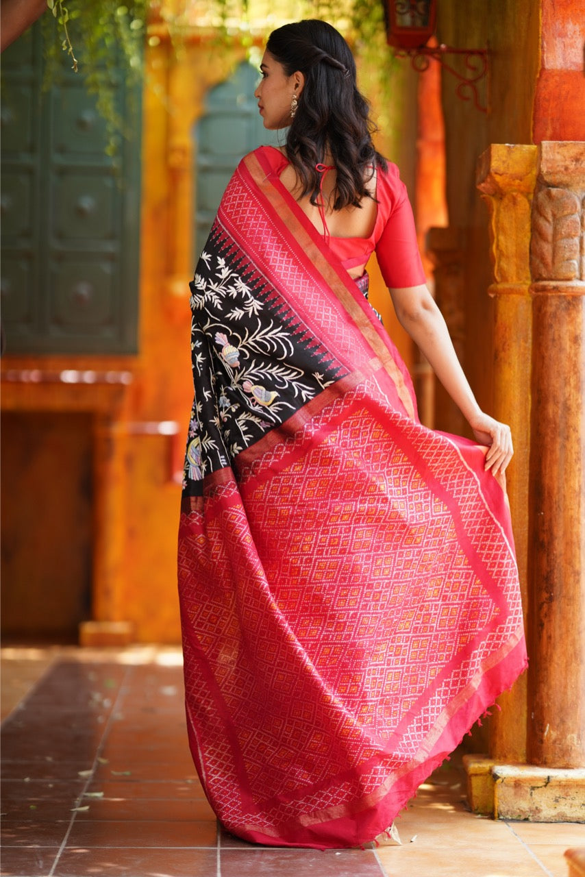 Tharagai -An Exclusive Parsi Gara hand Embroidered silk Ikkat saree