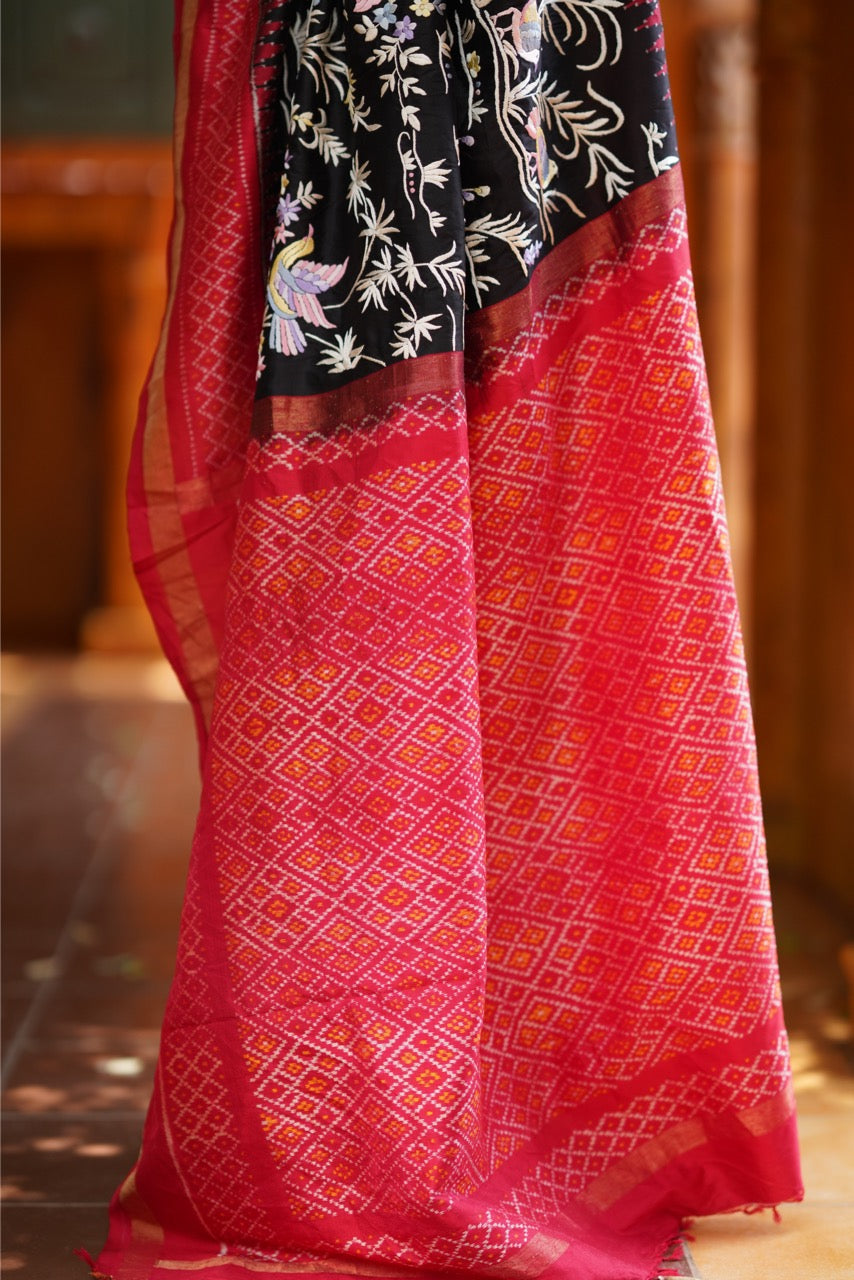 Tharagai -An Exclusive Parsi Gara hand Embroidered silk Ikkat saree