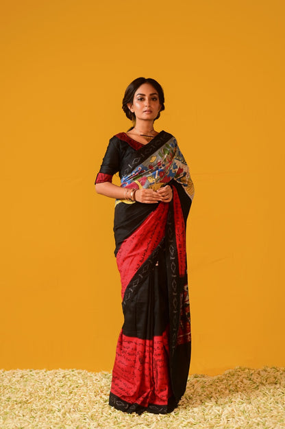 Complete HandDrawn And HandPainted KrishnaLeela Penkalamkari on Ikkat Silk Saree