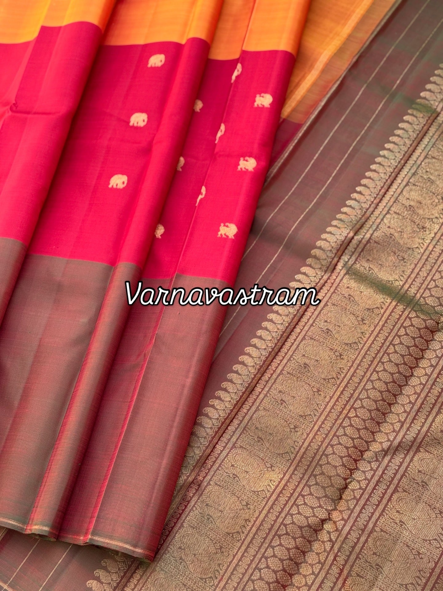 An elegant mubbagam 3 part korvai kanchivaram silk saree with yaali elephant motifs