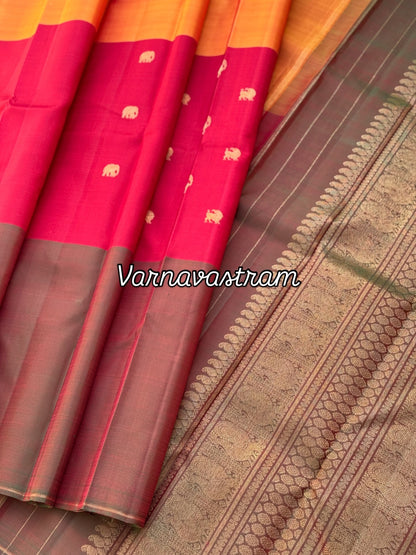 An elegant mubbagam 3 part korvai kanchivaram silk saree with yaali elephant motifs