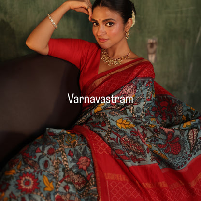 VRATHAPANI - A bhandhej inspired mulberry silk ikkat adorned with chintz inspired art on Complete Hand Drawn And Hand Painted Penkalamkari In korvai Kanchivaram Silk Saree