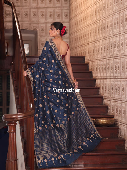 Handwoven matka silk jaal weave with beautiful handmade kutch mirrorwork