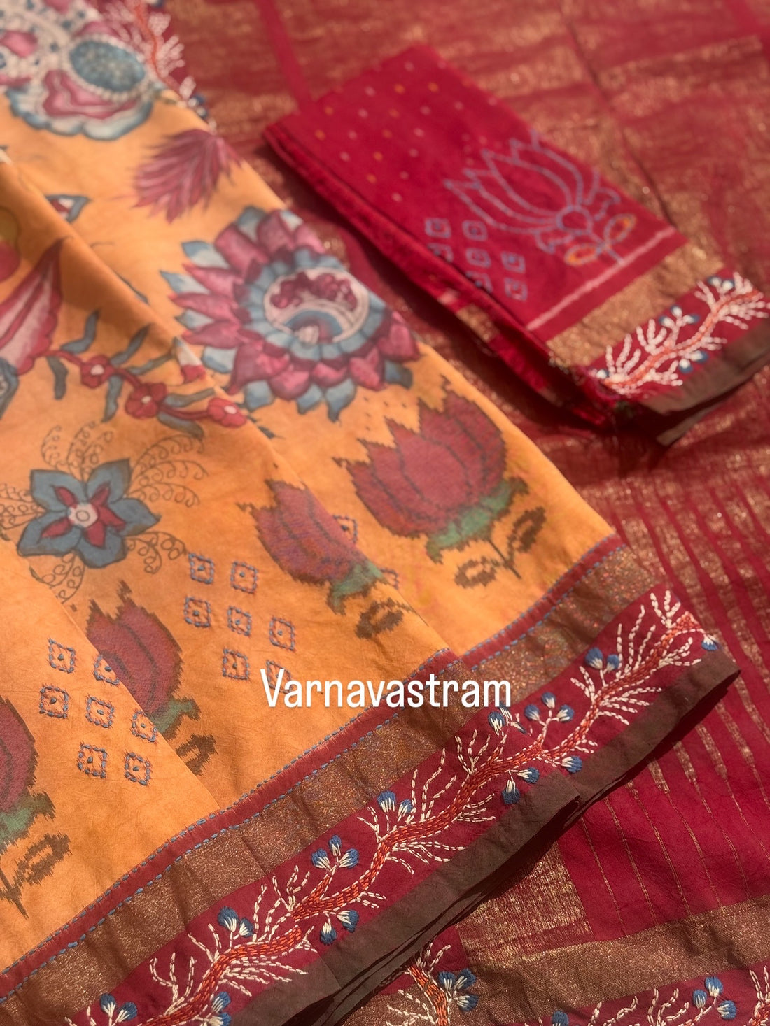 For Pranusha - A handmade Katha work on tree of life penkalamkari on handwoven ikkat silk