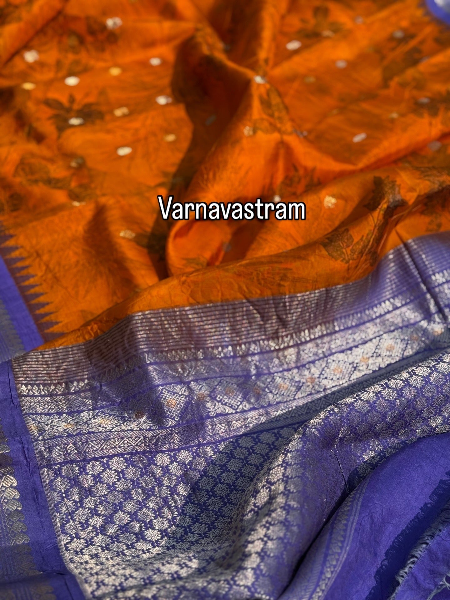 An orange with lilac Natural Handmade Ecoprints Gadwal silk saree