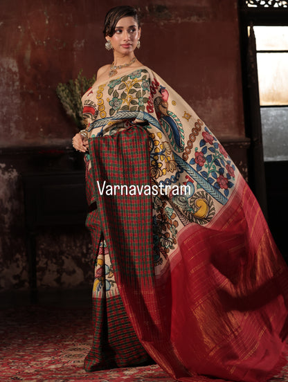 VRATHAPANI- Exquisite Handdrawn handpainted penkalamkari korvai kanchivaram silk saree