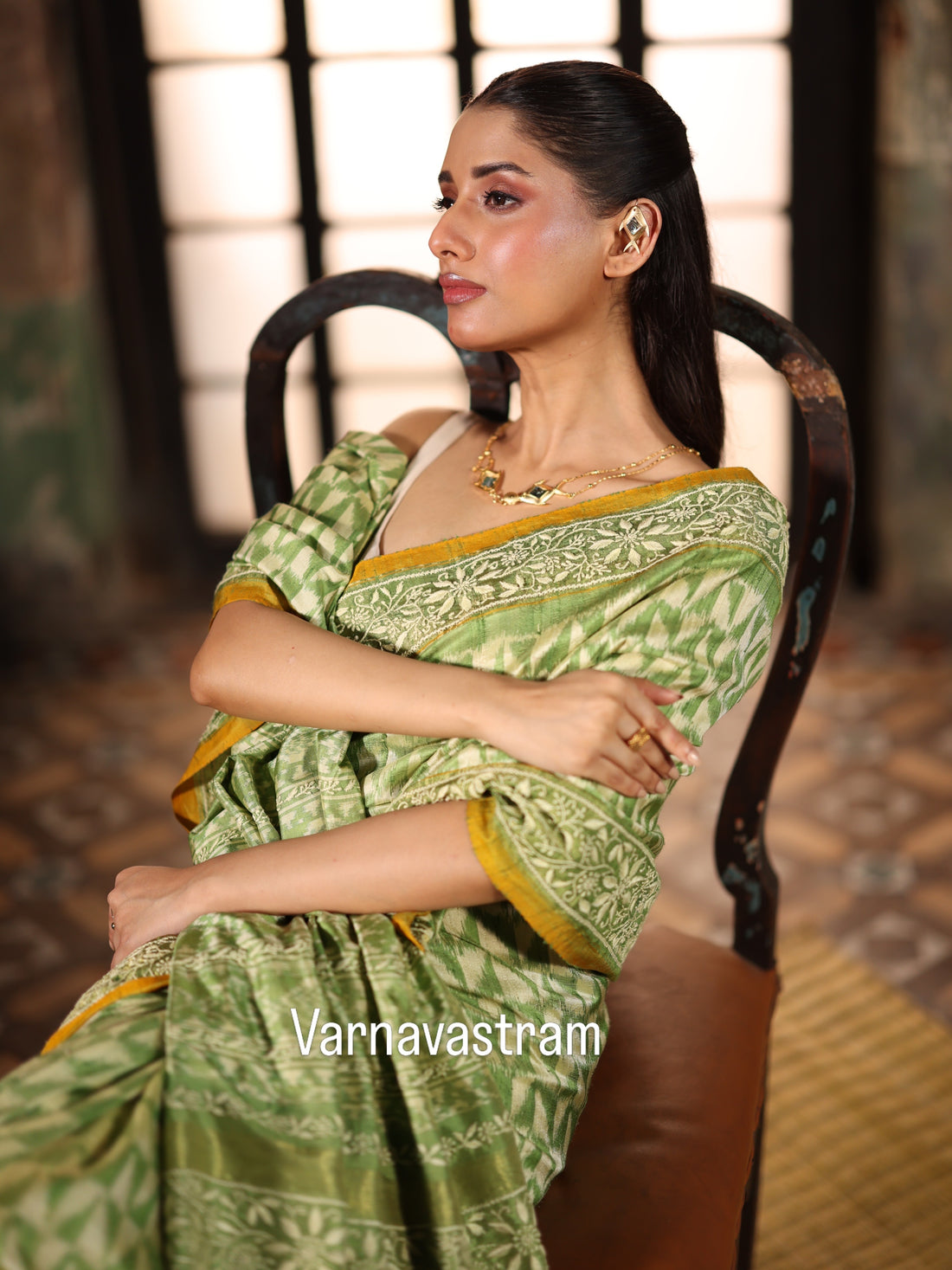 A Mulberry silk ikkat saree adorned with hand embroidery Chikankari work&amp;nbsp;