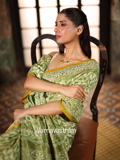 A Mulberry silk ikkat saree adorned with hand embroidery Chikankari work&amp;nbsp;