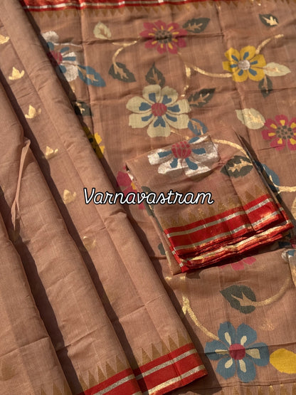 An elegant handspun ponduru Khadhi jamdani cotton saree in kaaki shade with red tissue Zari