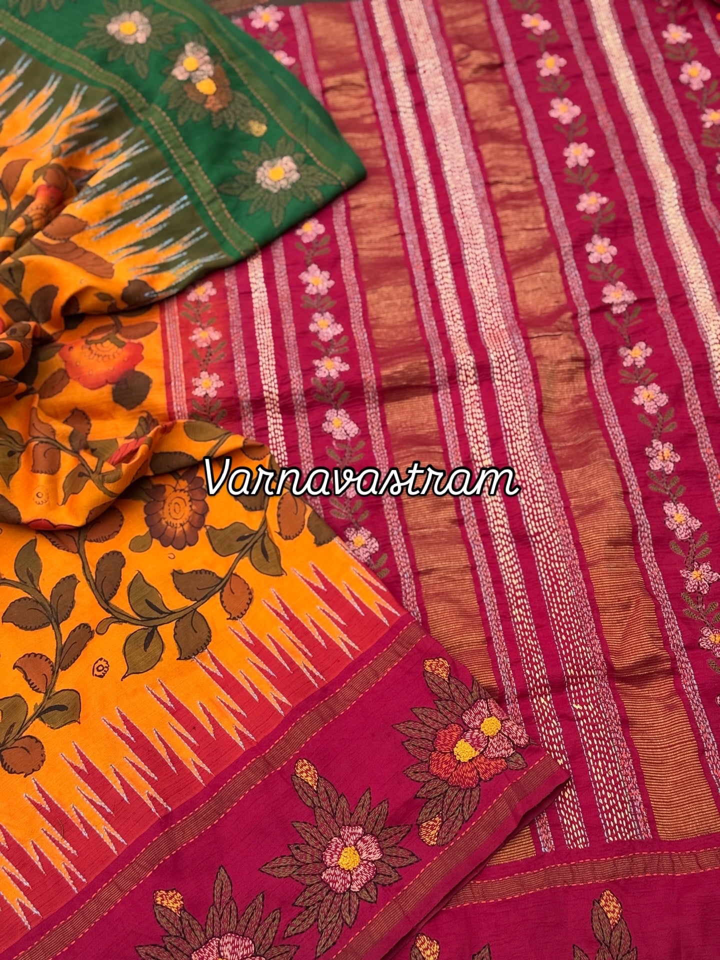 A masterpiece Kathawork handembroidery kanchivaram korvai silk saree with penkalamkari