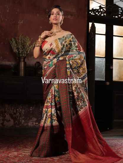 VRATHAPANI- Exquisite Handdrawn handpainted penkalamkari korvai kanchivaram silk saree