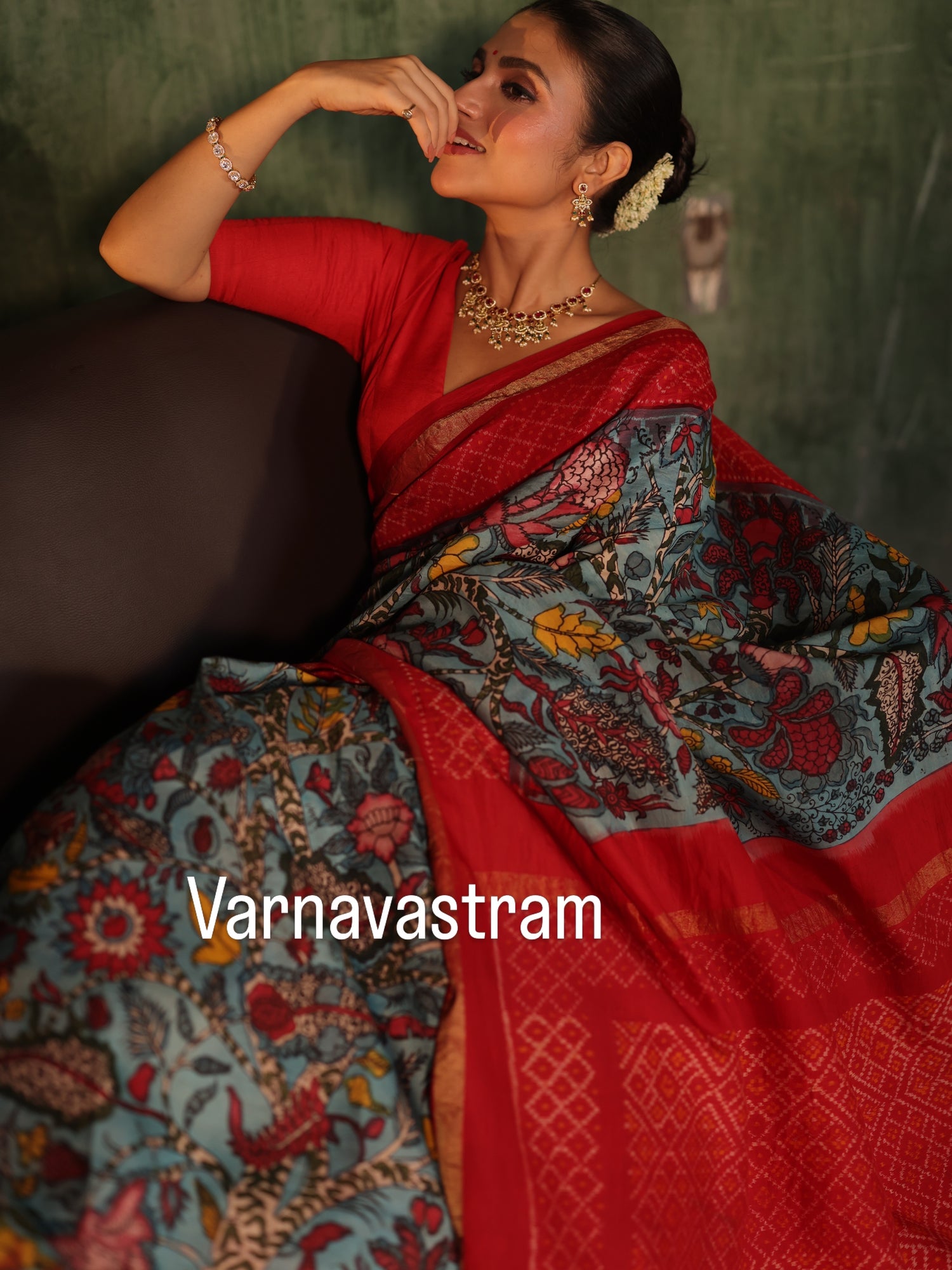 VRATHAPANI - A bhandhej inspired mulberry silk ikkat adorned with chintz inspired art on Complete Hand Drawn And Hand Painted Penkalamkari In korvai Kanchivaram Silk Saree