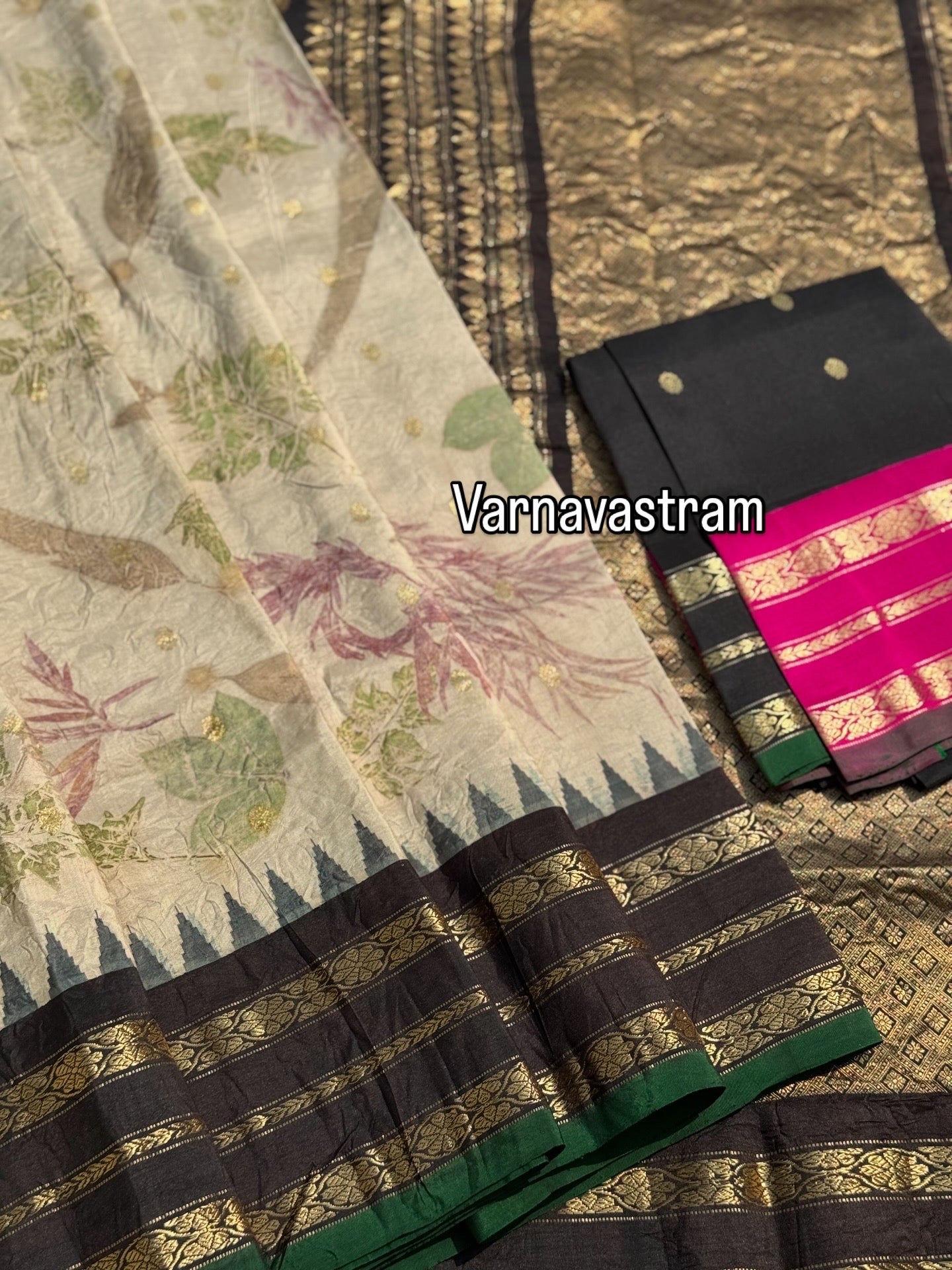 A pearl white with pink and black Natural Handmade Ecoprints kuttu gadwal silk saree