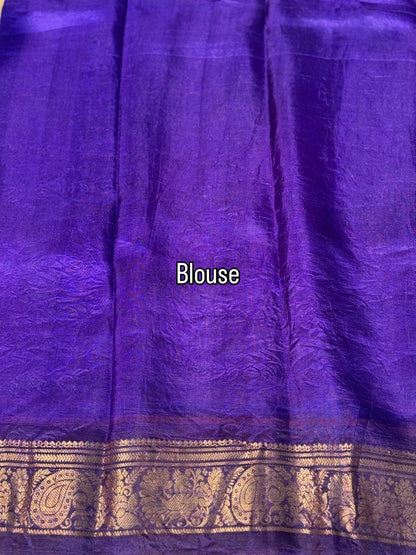 An ice blue with royalblue Natural Handmade Ecoprints Gadwal silk saree